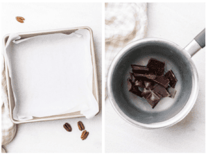 Lining a baking pan with parchment and melting dark chocolate.